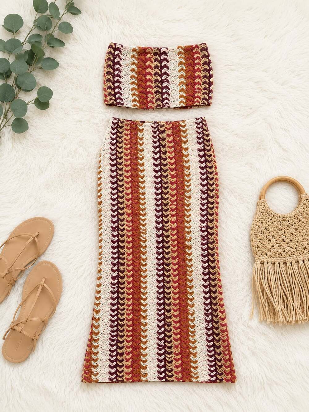 SHEIN 2 Pieces Women Tube Top And Skirt Set Crochet Multi Stripe